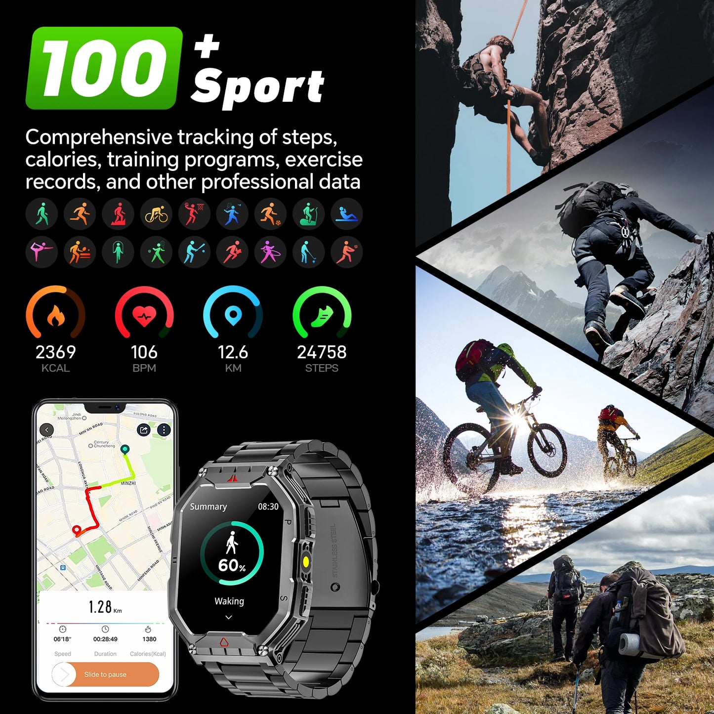 Men’s AMOLED GPS Fitness Smartwatch, Long‑Lasting