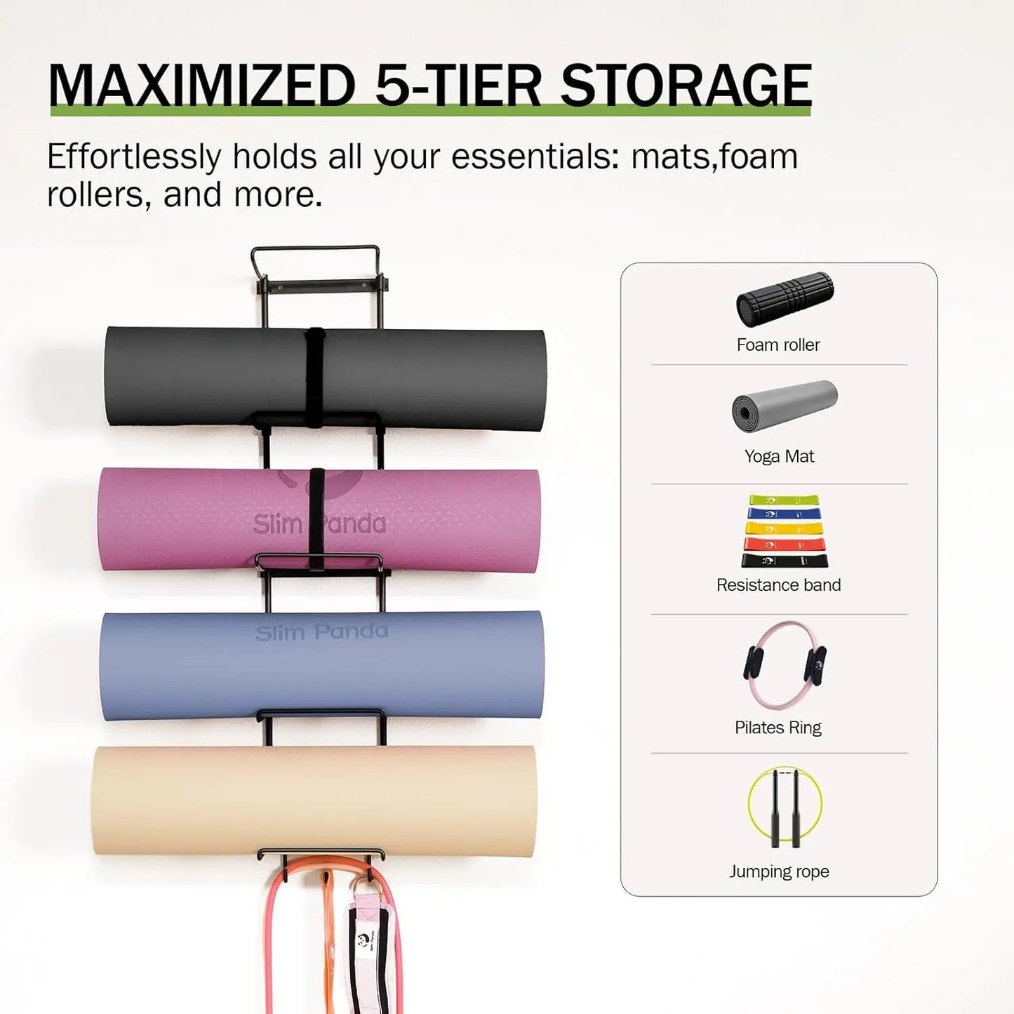 Slim Wall Mount Yoga Mat Holder with Mesh Bag, 5-Tier Storage Rack