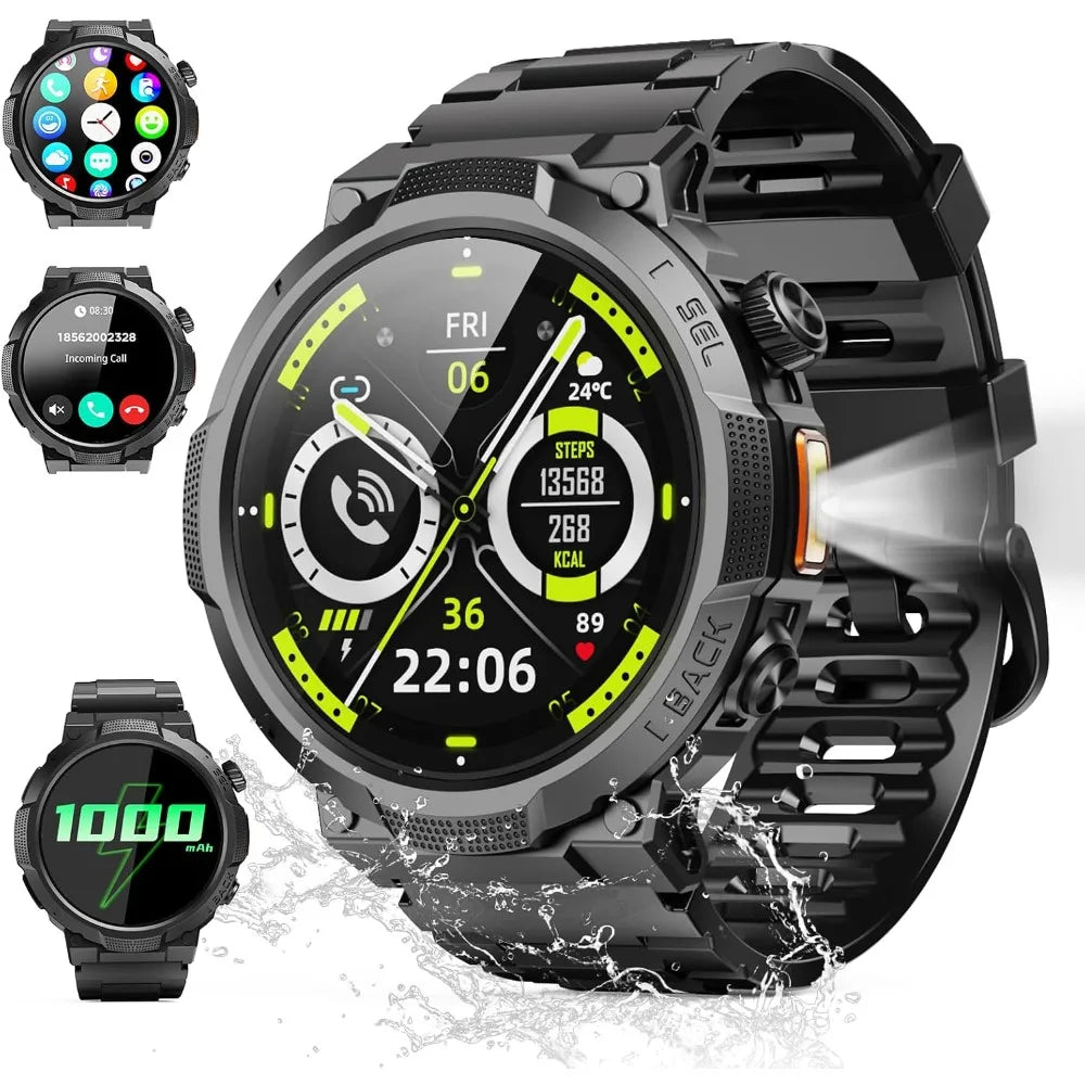 Men’s military smartwatch with long‑lasting battery