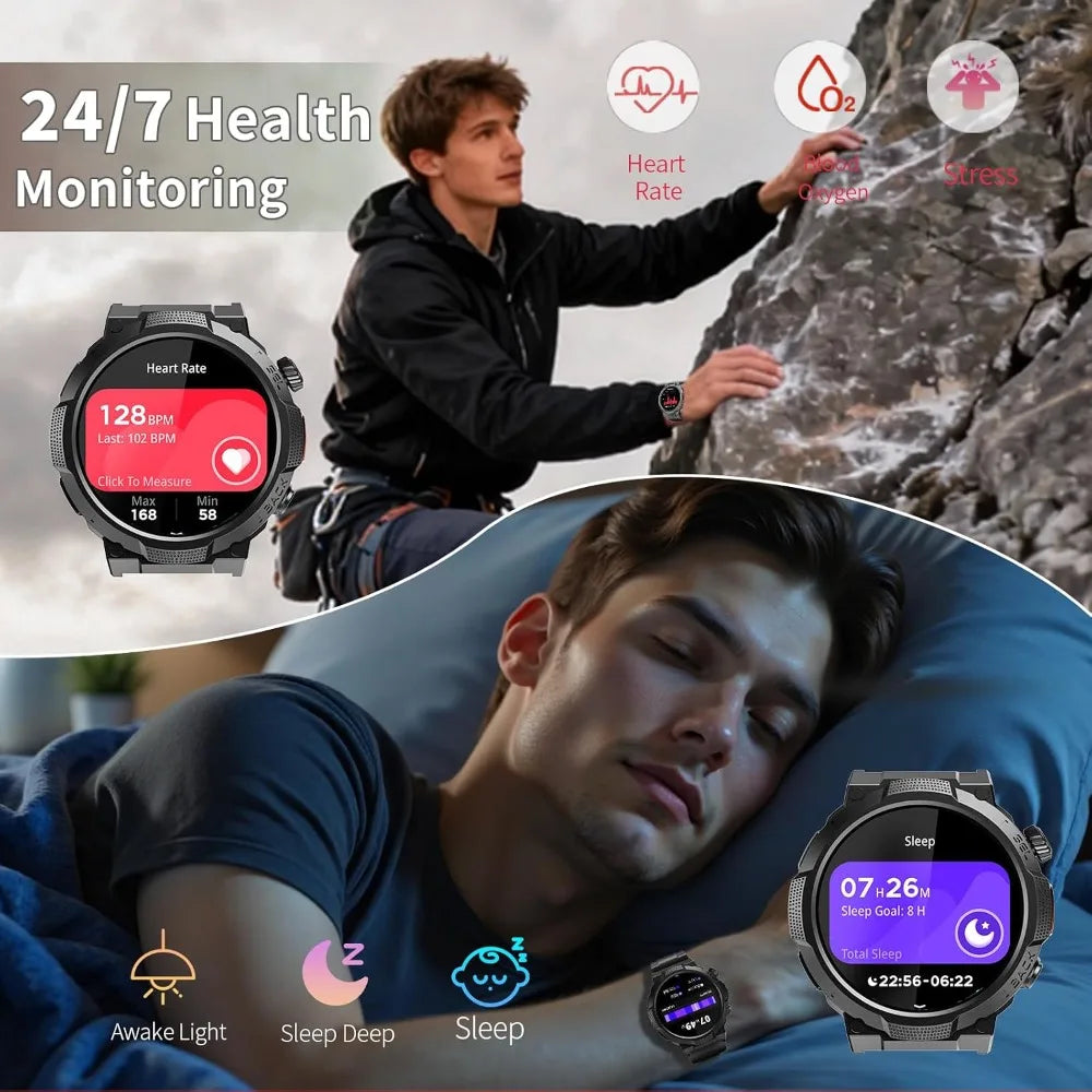 Men’s military smartwatch with long‑lasting battery