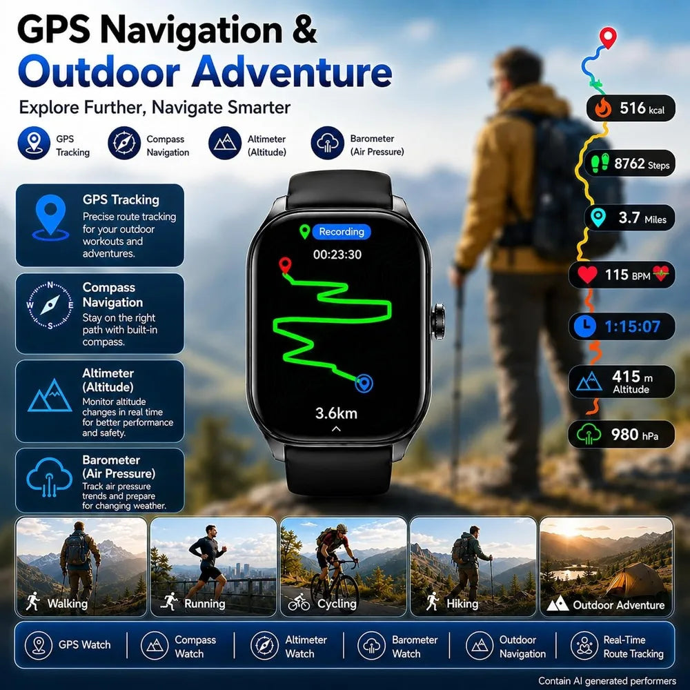 AI GPS Smartwatch: HD, Waterproof, Bluetooth Fitness Tracker