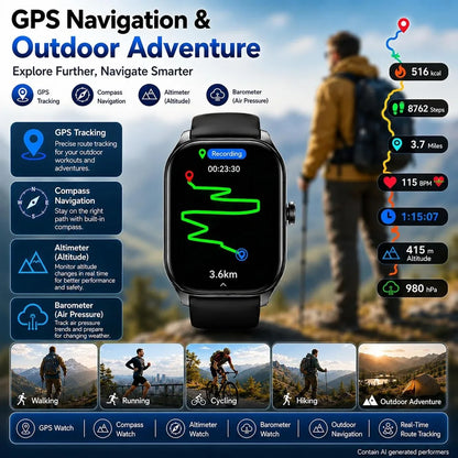 AI GPS Smartwatch: HD, Waterproof, Bluetooth Fitness Tracker