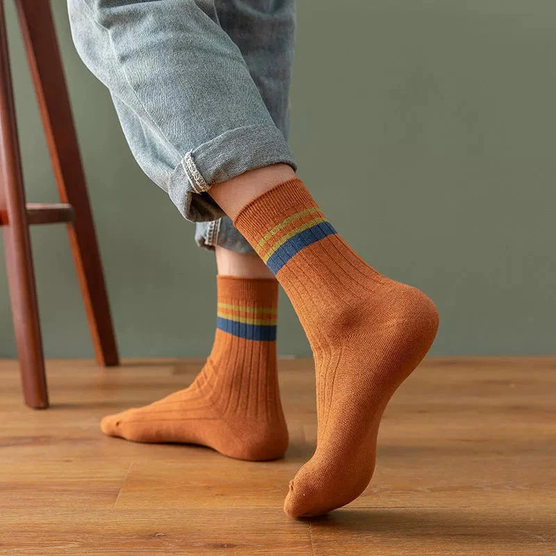 6/12 Pairs Unisex Solid Color Striped Mid Tube Socks