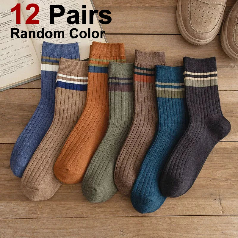 6/12 Pairs Unisex Solid Color Striped Mid Tube Socks