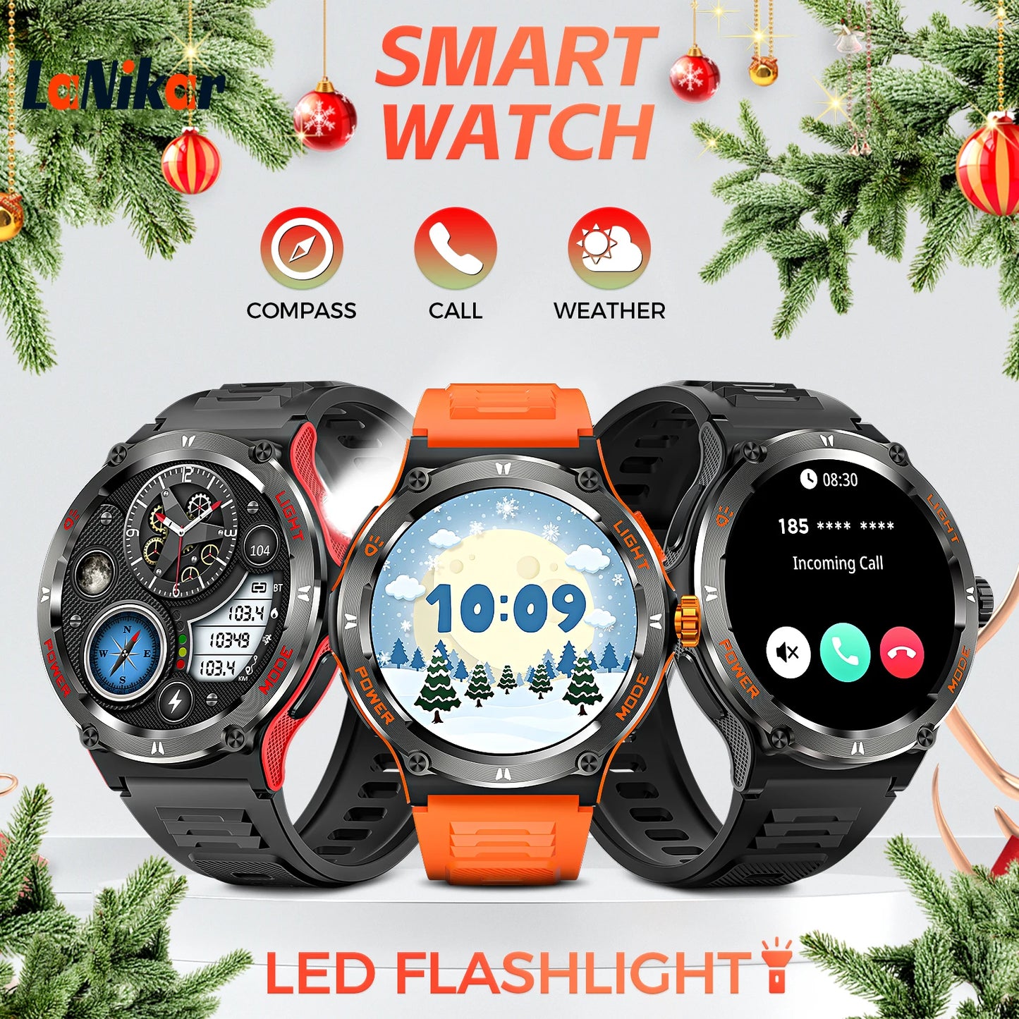 Smart Men’s Waterproof Watch with Compass Flashlight