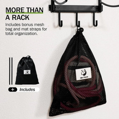 Slim Wall Mount Yoga Mat Holder with Mesh Bag, 5-Tier Storage Rack