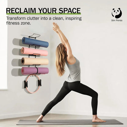 Slim Wall Mount Yoga Mat Holder with Mesh Bag, 5-Tier Storage Rack