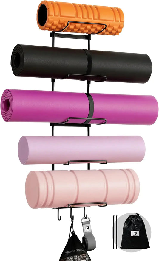 Slim Wall Mount Yoga Mat Holder with Mesh Bag, 5-Tier Storage Rack