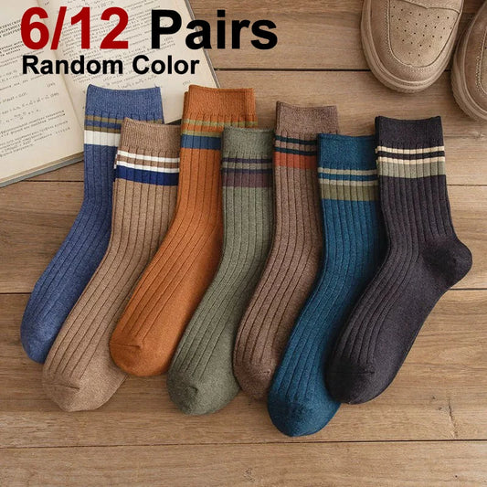 6/12 Pairs Unisex Solid Color Striped Mid Tube Socks