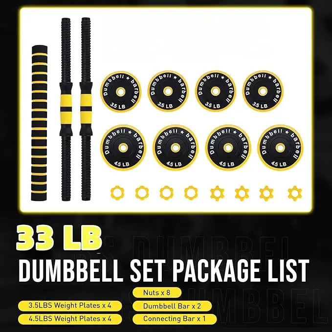 Adjustable Yellow 33‑Lb 2‑in‑1 Dumbbell Set