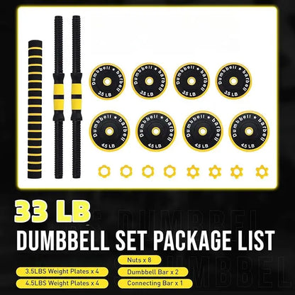 Adjustable Yellow 33‑Lb 2‑in‑1 Dumbbell Set
