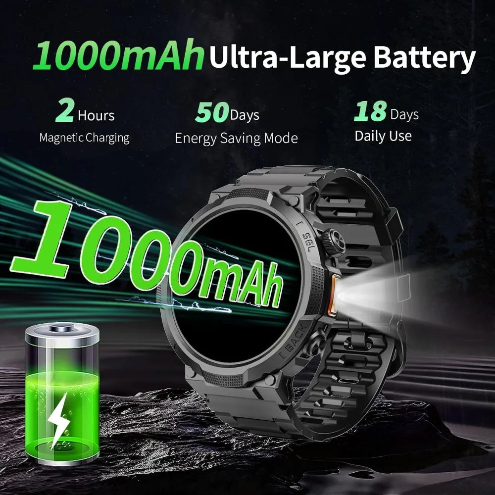 Men’s military smartwatch with long‑lasting battery