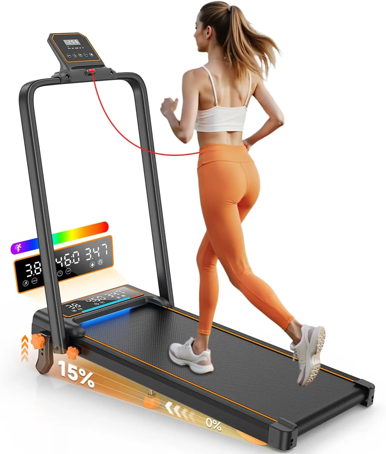 Treadmill Walking Pad with 15% Incline/Handle Bar/2 LED Display