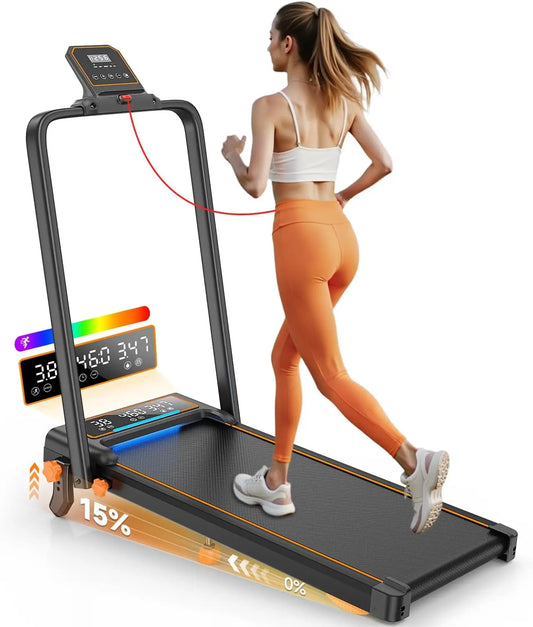 Treadmill Walking Pad with 15% Incline/Handle Bar/2 LED Display