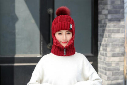 Coral Fleece Winter Women Knitted Hats Add Fur Warm Winter Hats For Women With Zipper Keep Face Warmer Balaclava Pompoms Cap Balaclava Gorgas Bonnet Knitted Hat Windproof Ski Mask Cold Weather Face Mask Motorcycle Balaclava Hood Warmer Winter Sports Cap
